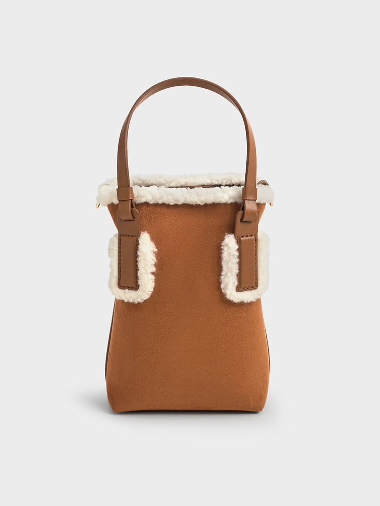 Noelle Faux Suede Fur-Trim Elongated Tote, Brown, hi-res