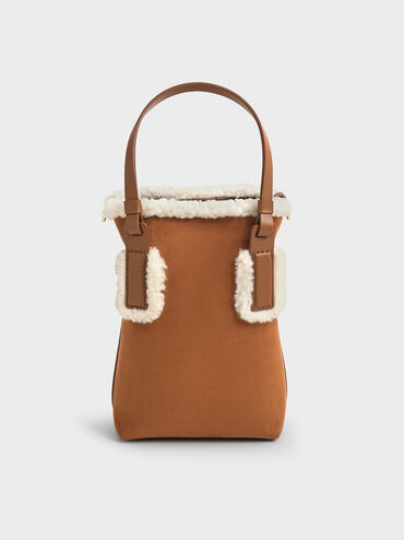 Noelle Faux Suede Fur-Trim Elongated Tote, Brown, hi-res