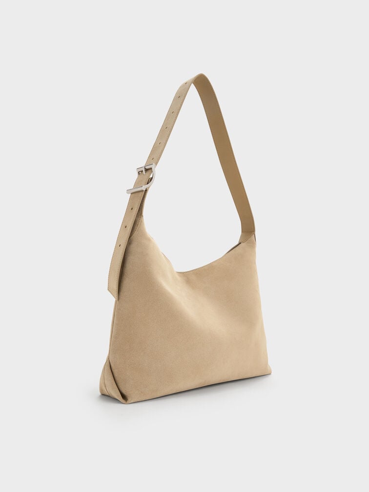 Larsen Recycled Suede Buckle-Strap Hobo Bag, Nutmeg Beige, hi-res