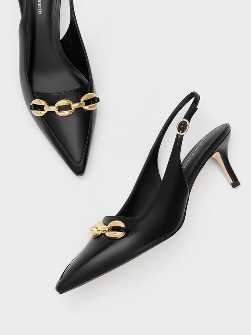 Avani Chunky Chain-Embellished Slingback Pumps, Black, hi-res