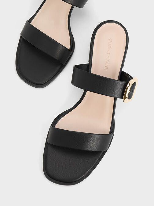 Oval Buckle-Accent Trapeze-Heel Mules, Black, hi-res