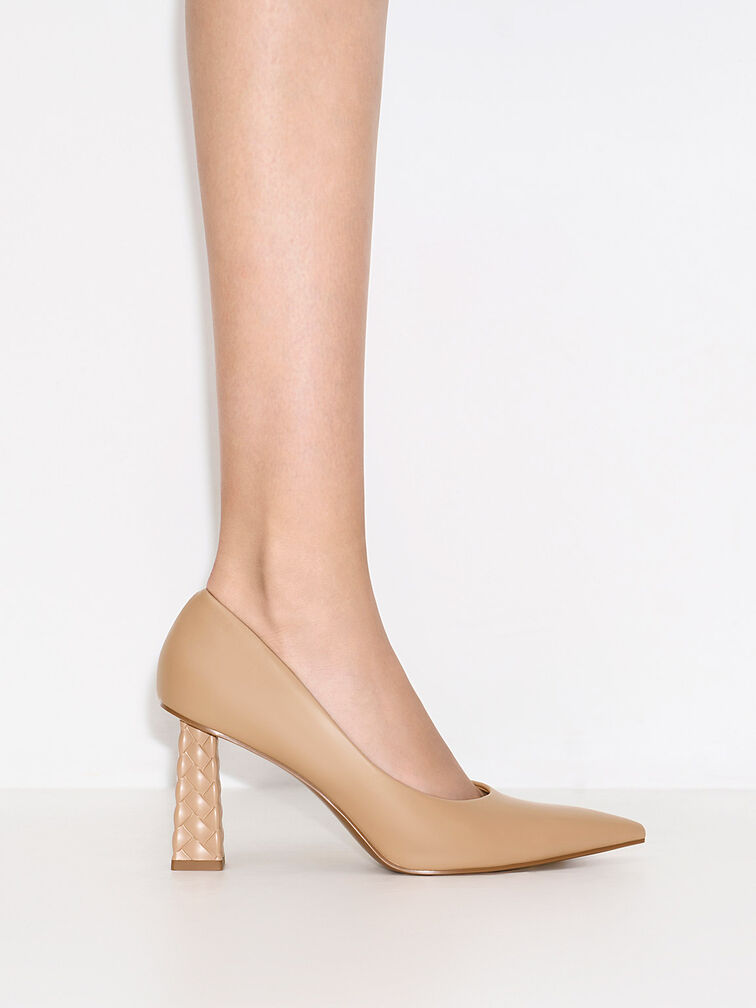 Quilted Heel Pointed-Toe Pumps, Nude, hi-res