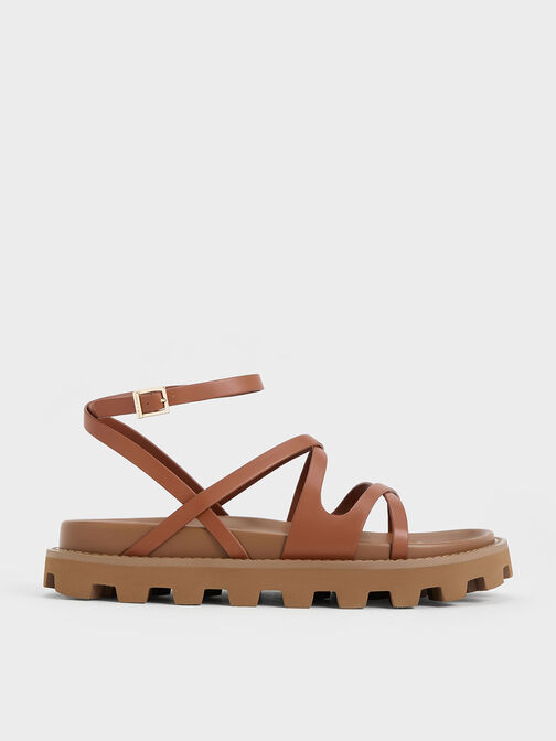 Crossover Ankle-Strap Sandals, Cognac, hi-res