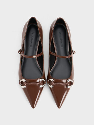 Metallic Accent Pointed-Toe Mary Janes, Dark Brown, hi-res