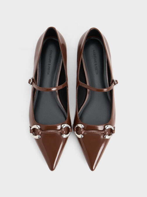 Metallic Accent Pointed-Toe Mary Janes, Dark Brown, hi-res