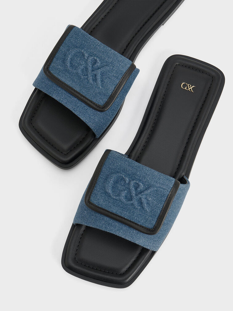 Leather & Denim Slide Sandals, Blue, hi-res