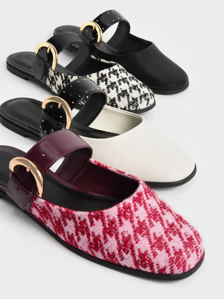 Studded Buckled Flat Mules, Chalk, hi-res