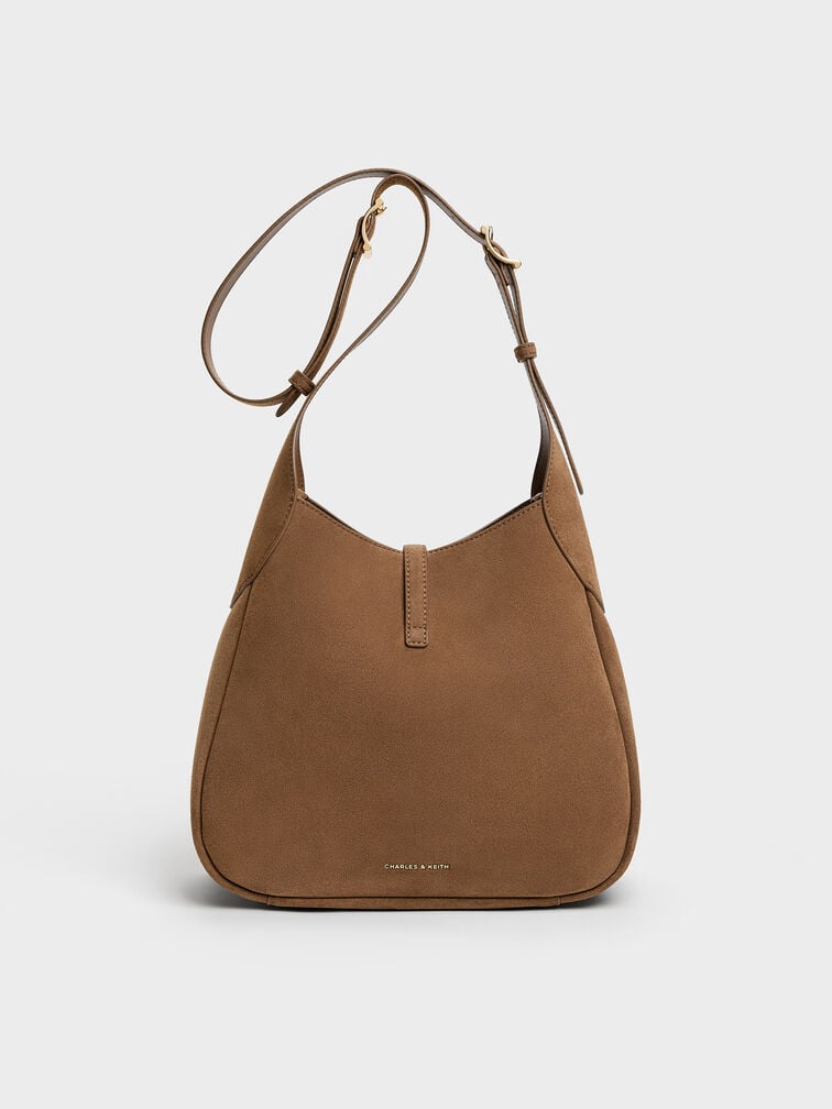 Adalyn Recycled Suede Metallic-Buckle Belted Hobo Bag, Mocha Brown, hi-res