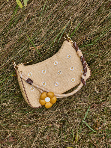 Philomena Raffia Flower Crossbody Bag, Beige, hi-res