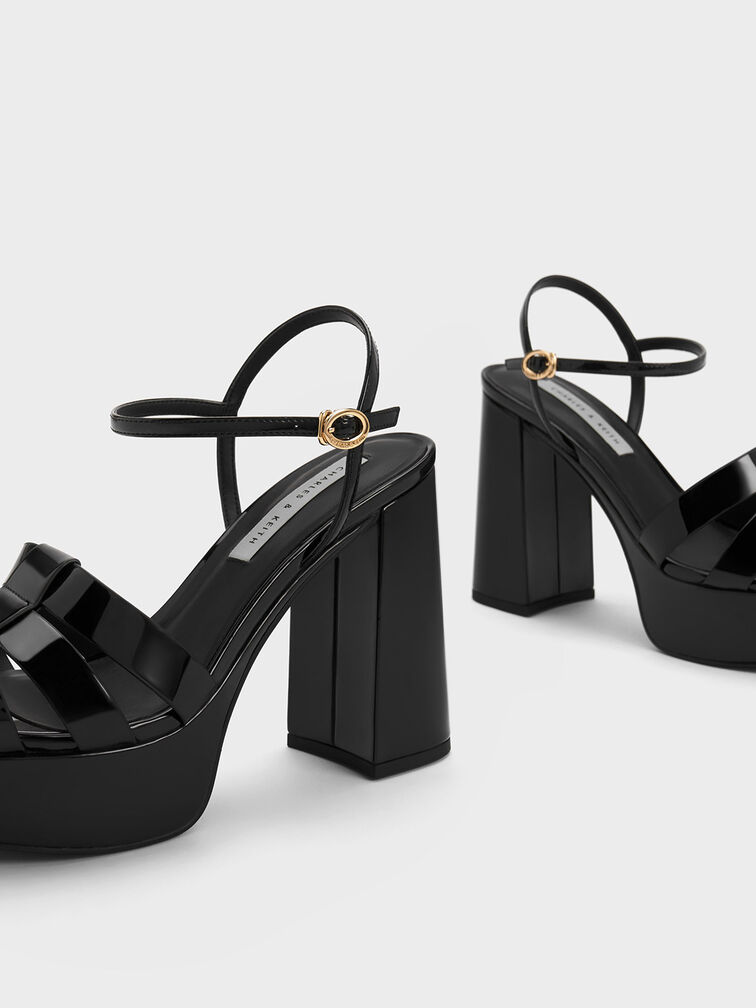 Patent Gladiator Platform Sandals, Black, hi-res