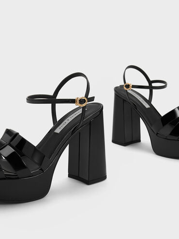 Patent Gladiator Platform Sandals, Black, hi-res