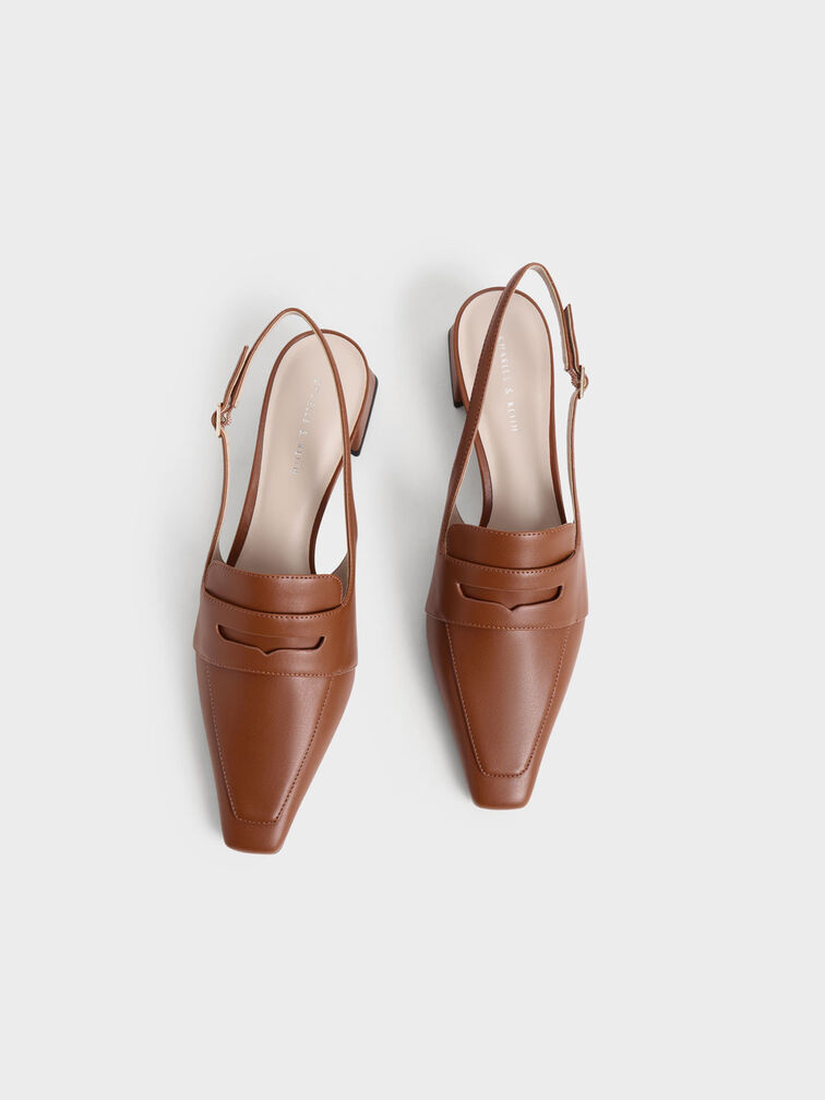Tapered Square-Toe Slingback Pumps, Cognac, hi-res
