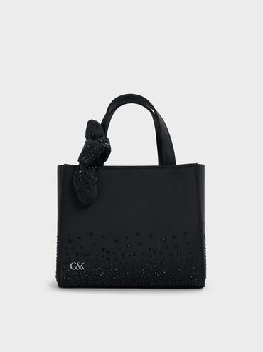 Mini Albany Leather Crystal-Embellished Knot-Bow Bag, Black, hi-res