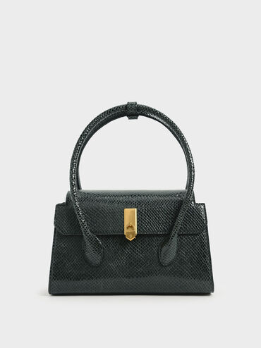 Locket Snake-Print Push-Lock Bag, Dark Green, hi-res