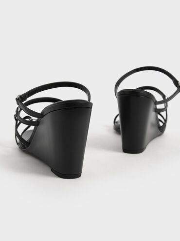 Strappy Wedge Mules, Black, hi-res