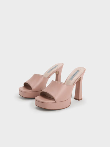 Platform Block Heel Mules, Nude, hi-res