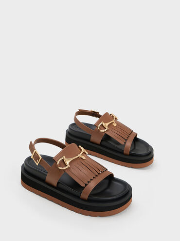 Horsebit & Fringe Platform Sandals, Brown, hi-res