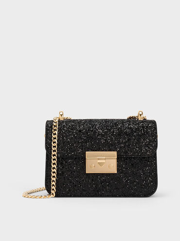 Alva Glittered Chain-Handle Bag, Black, hi-res