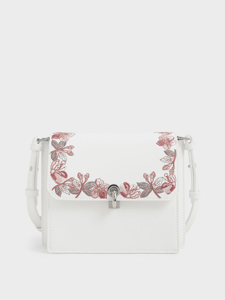 Floral Embroidered Turn Lock Bag, White, hi-res