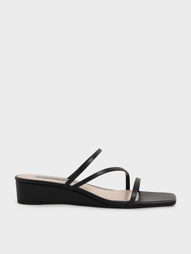 Strappy Wedge Mules, Black, hi-res