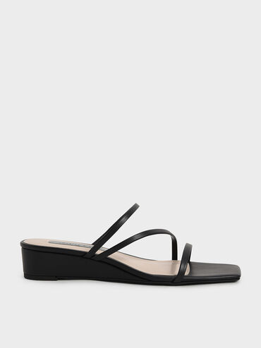 Strappy Wedge Mules, Black, hi-res