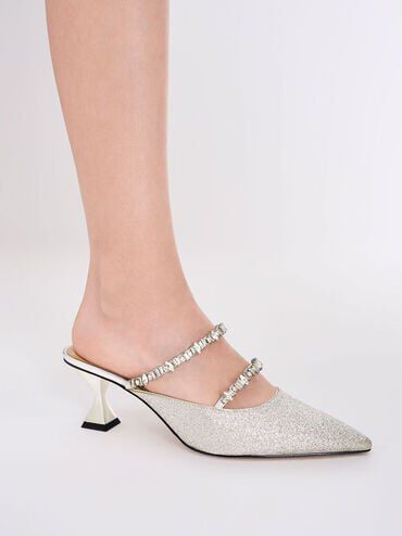 Wedding Collection: Gem-Encrusted Metallic Glittered Mules, Silver, hi-res