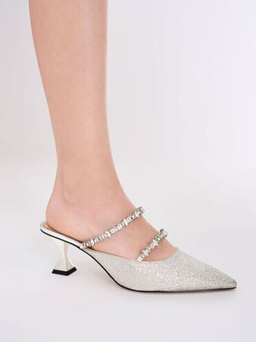 Wedding Collection: Gem-Encrusted Metallic Glittered Mules, Silver, hi-res