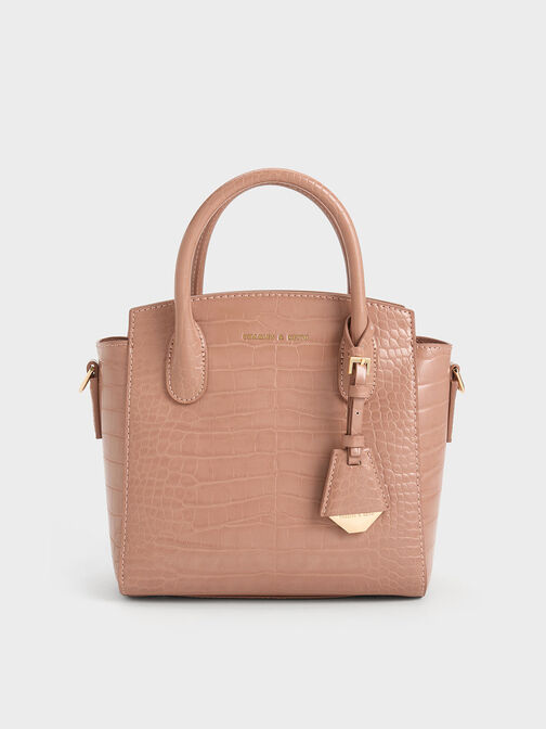Croc-Effect Trapeze Tote Bag, Blush, hi-res