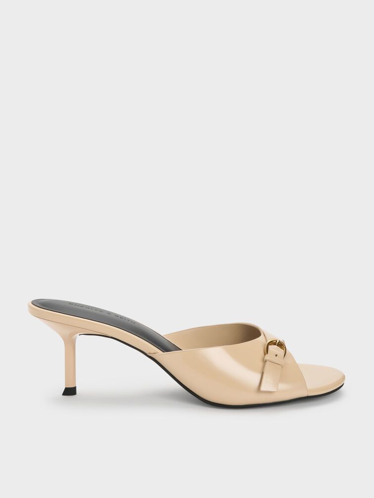 Buckled-Strap Heeled Mules, Beige, hi-res