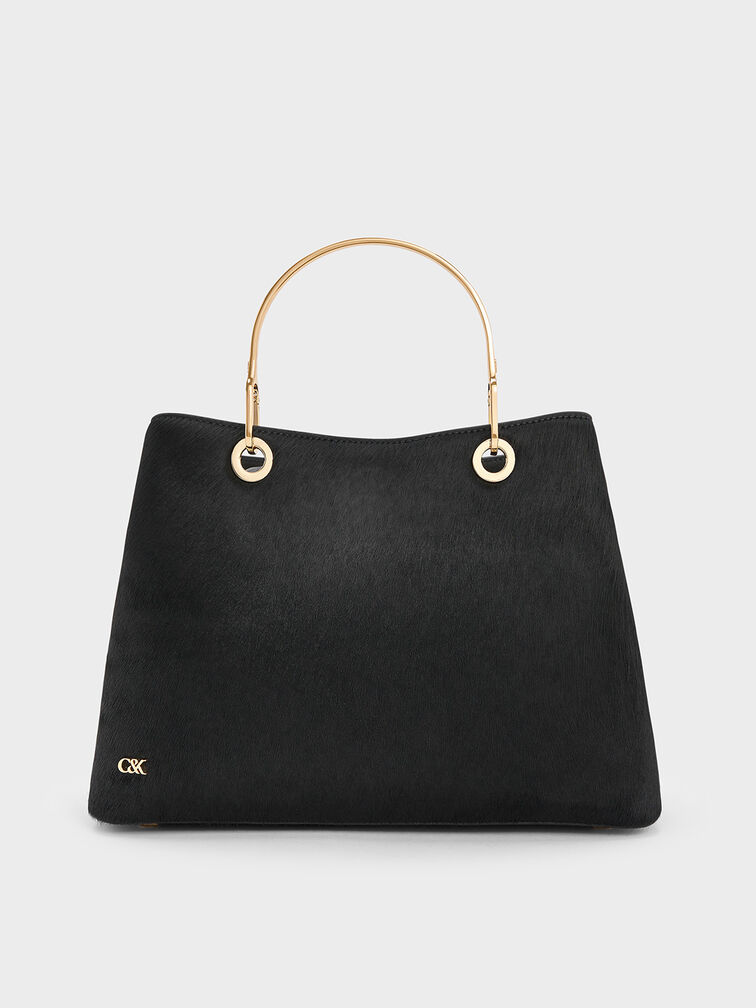 Pony Hair & Leather Ring-Handle Bag, Black, hi-res