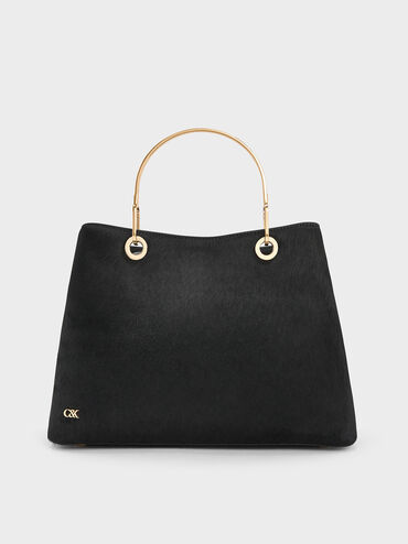 Pony Hair & Leather Ring-Handle Bag, Black, hi-res