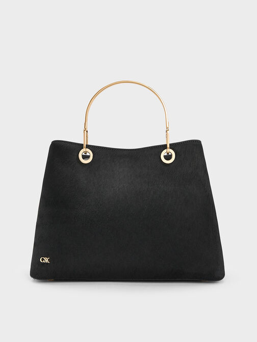 Pony Hair & Leather Ring-Handle Bag, Black, hi-res