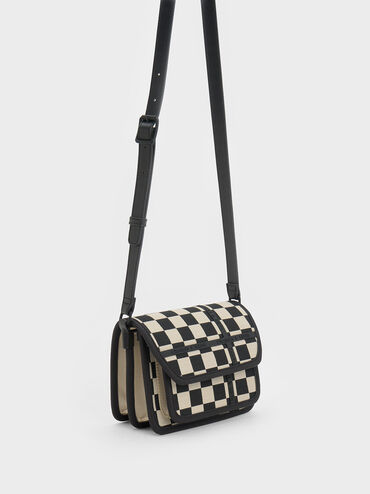 Avenue Checkered Contrast-Trim Crossbody Bag, Black Textured, hi-res