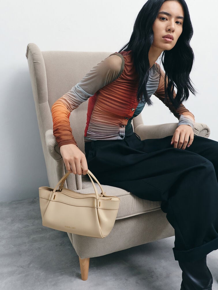 Clarice Pleated Double-Handle Tote Bag, Dusted Oat, hi-res