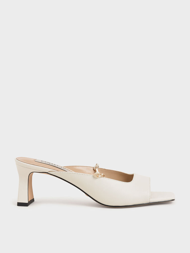 Leather Chain Link Mules, White, hi-res