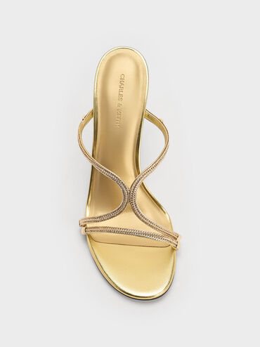 Metallic Braided Strappy Heeled Mules, Gold, hi-res