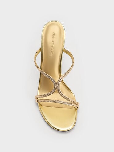 Metallic Braided Strappy Heeled Mules, Gold, hi-res