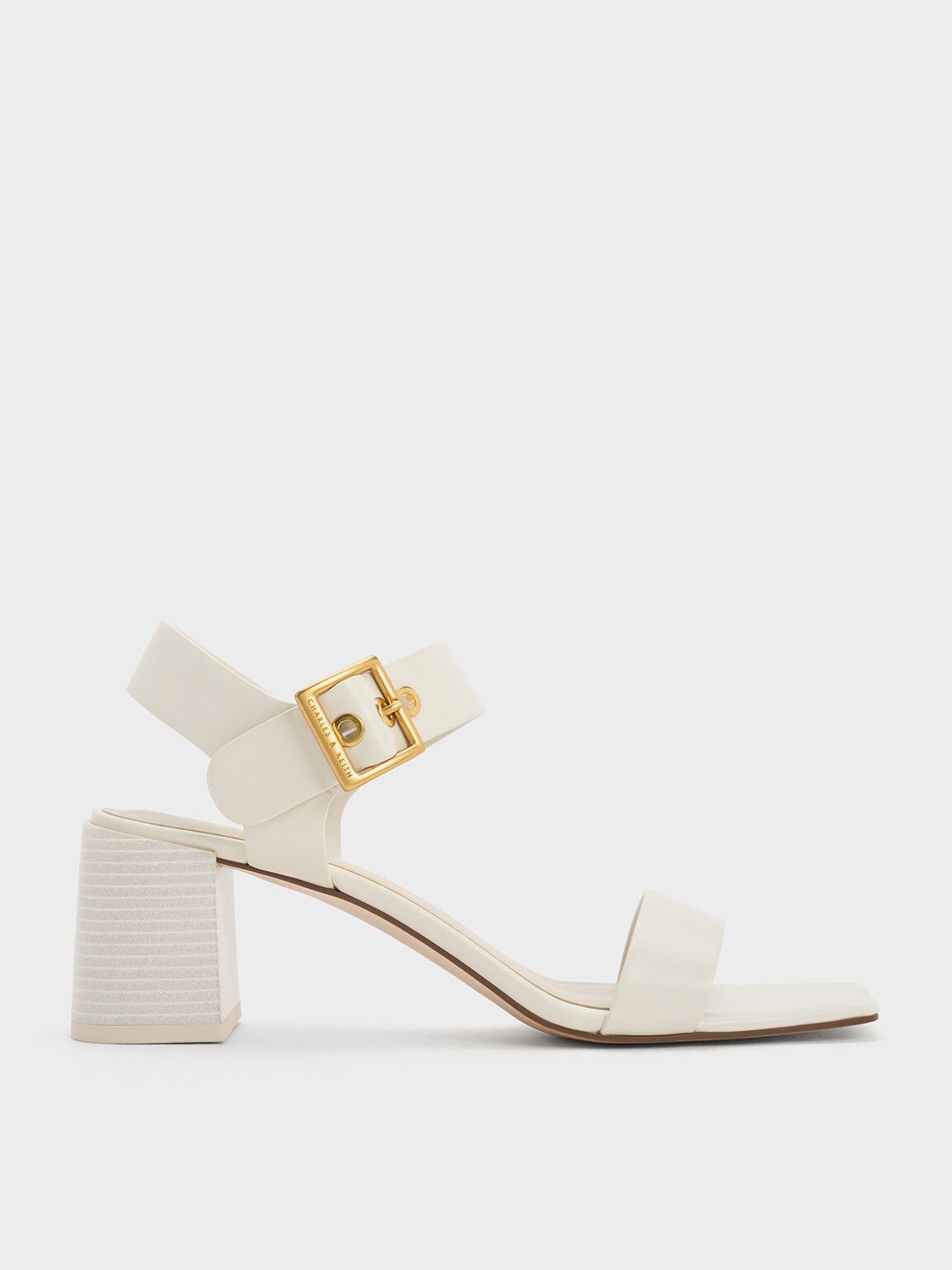 Square Buckle Block Heel Sandals Cream