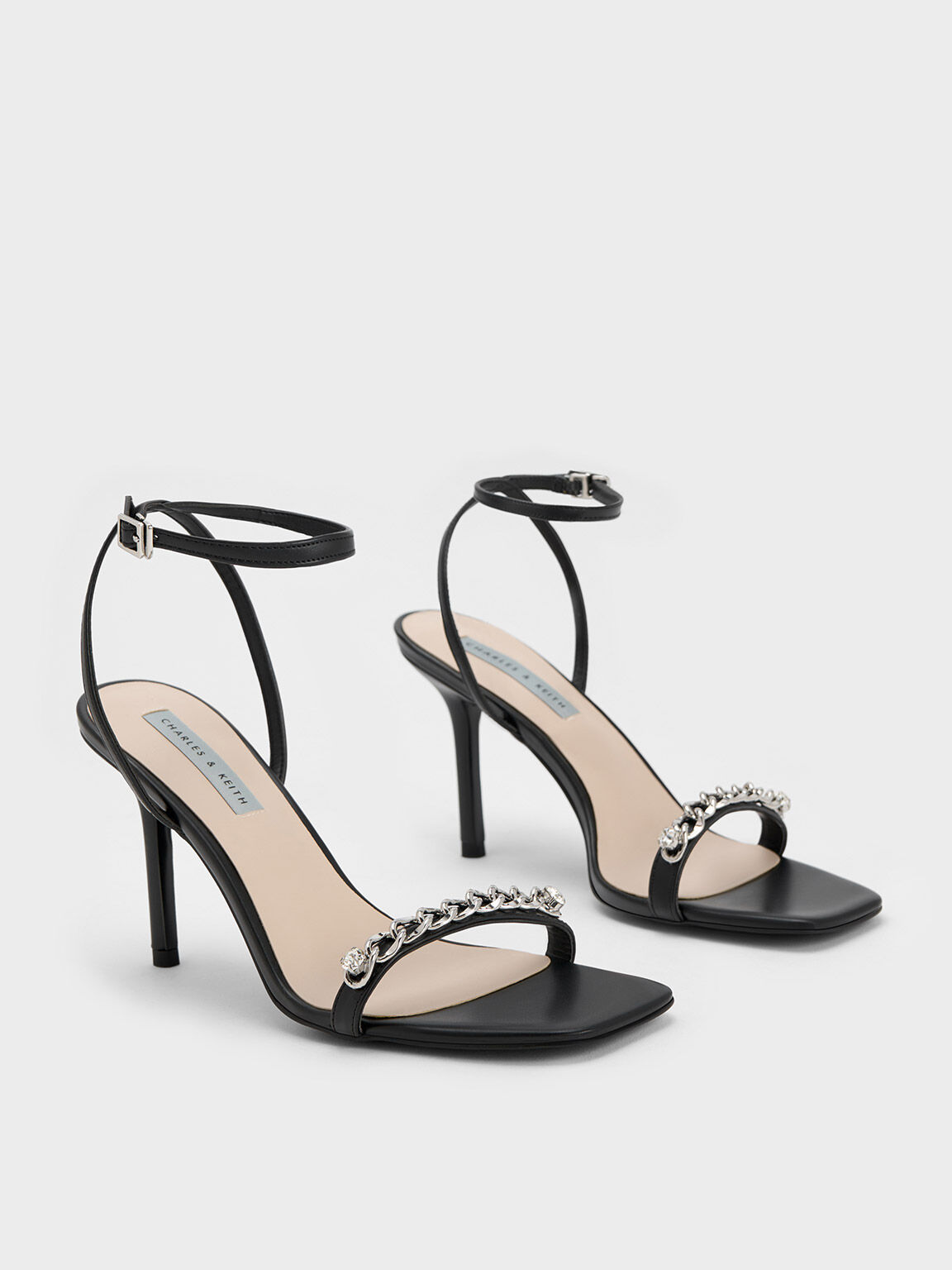 Black Chain Embellished Ankle Strap Sandals CHARLES KEITH IN
