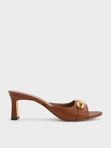 Chunky Chain-Link Heeled Mules, Cognac, hi-res