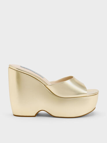 Metallic Chunky Platform Wedge Mules, Gold, hi-res