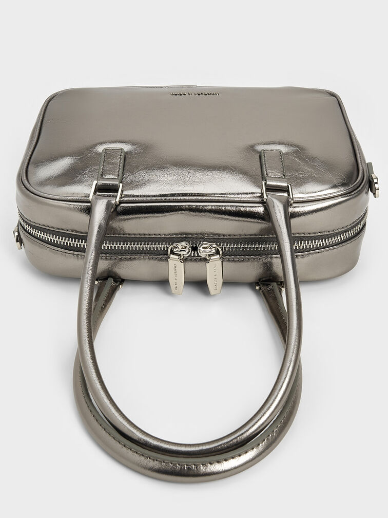 Sianna Metallic Crinkle-Effect Bowling Bag, Pewter, hi-res