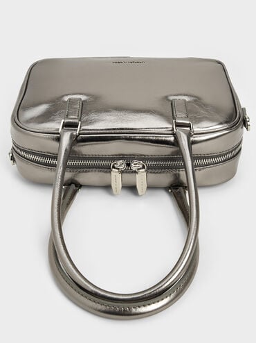 Sianna Metallic Crinkle-Effect Bowling Bag, Pewter, hi-res