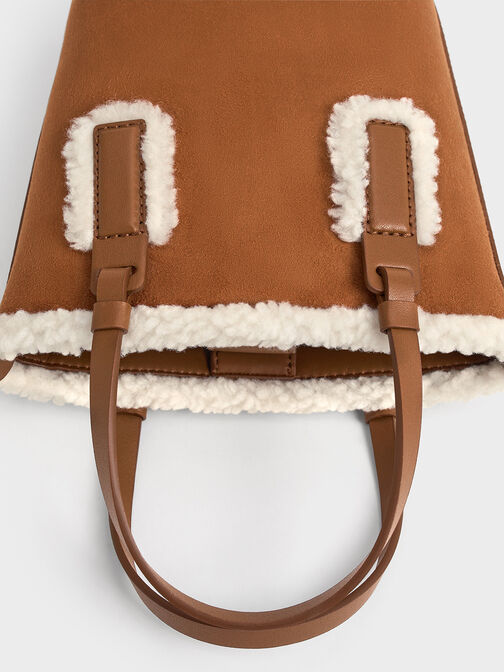 Noelle Faux Suede Fur-Trim Elongated Tote, Brown, hi-res