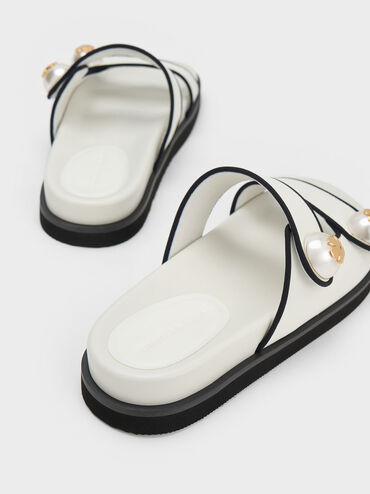 Aeryn Pearl Embellished Contrast-Trim Slides, White, hi-res