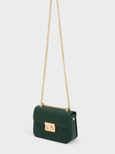 Alva Quilted Chain-Handle Bag, Dark Green, hi-res