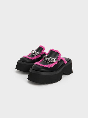 Lotso Fur-Trim Embellished Platform Mules, Black Textured, hi-res