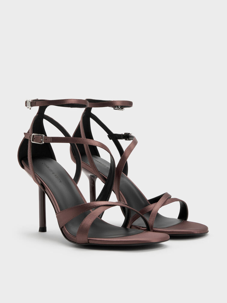 Satin Asymmetric Strappy Heeled Sandals, Mauve, hi-res