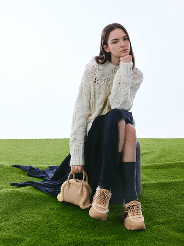 Nelly Recycled Suede & Faux Shearling Bowling Bag, Nutmeg Beige, hi-res