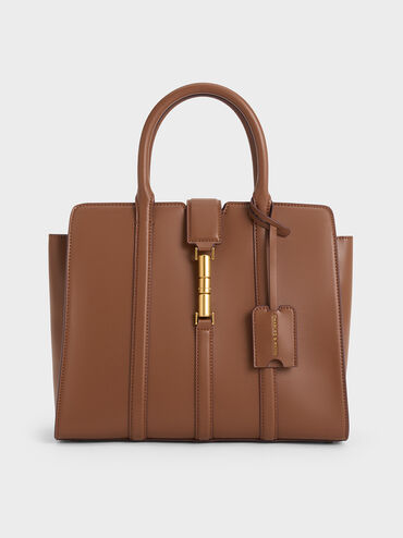 Large Cesia Metallic Accent Tote Bag, Chocolate, hi-res